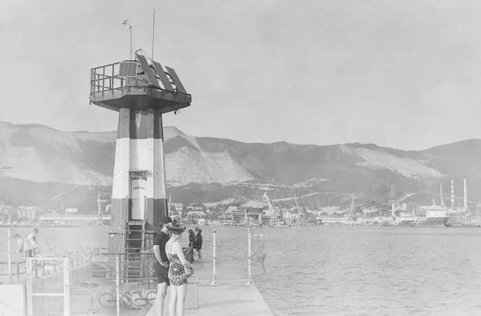 At the lighthouse - My, The photo, Black and white photo, Sea, Black Sea, The mountains, Port, Lighthouse, Краснодарский Край, Russia, Summer