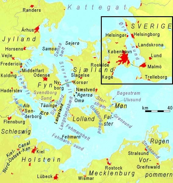 Карта датских проливов, показывающая, где именно датчане брали пошлину