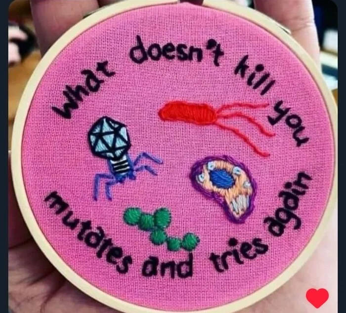 Everything that doesn't kill us mutates and tries again - Embroidery, Microbes, Virus, English language