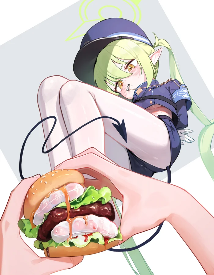 All on a sesame bun... - Anime, Anime art, Tachibana Nozomi, Blue archive, Foot fetish, Tights, Burger