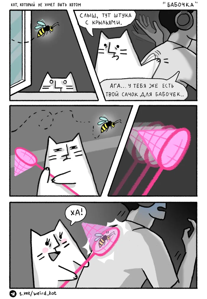 Comic about Cat No. 89 Butterfly - My, Weird_Tanya comics, Author's comic, Comics, cat, Humor, Summer, Butterfly, Wasp