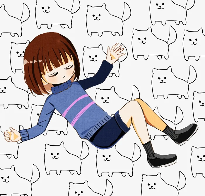 Frisk against the backdrop of Annoying Dogs! - Art, Undertale, Frisk