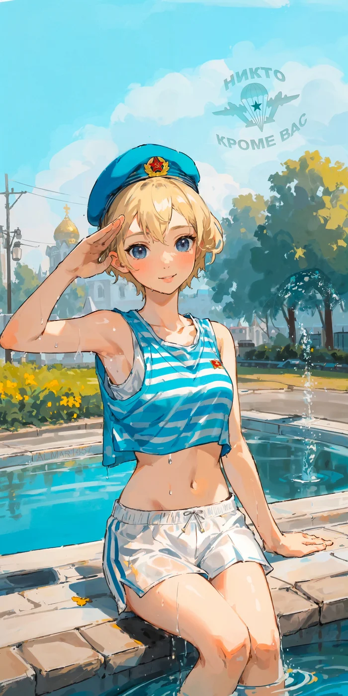 Happy holiday, fellow paratroopers! (Natasha completed diagnostics of the fountains) - My, Day of the Airborne Forces, August 2, Airborne forces, Paratroopers, Congratulation, Girls, Original character, Blonde, Digital drawing, Neural network art, Stable diffusion, Fountain, Anime art, Portrait, Nobody but us, Phone wallpaper, Blue berets