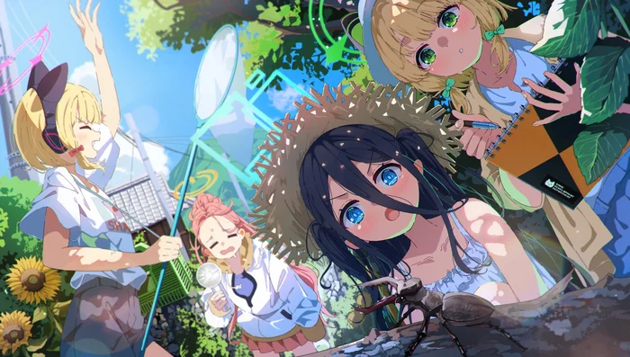 Game Development Department Summer Vacation - Blue archive, Tendou Alice, Saiba Momoi, Saiba Midori, Hanaoka Yuzu, Anime art, Game art, Anime, Games, Deer Beetle