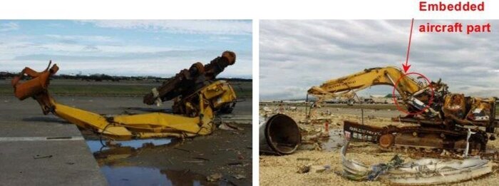 Строительная техника, находящаяся в конце ВПП 05R, в которую врезался самолёт