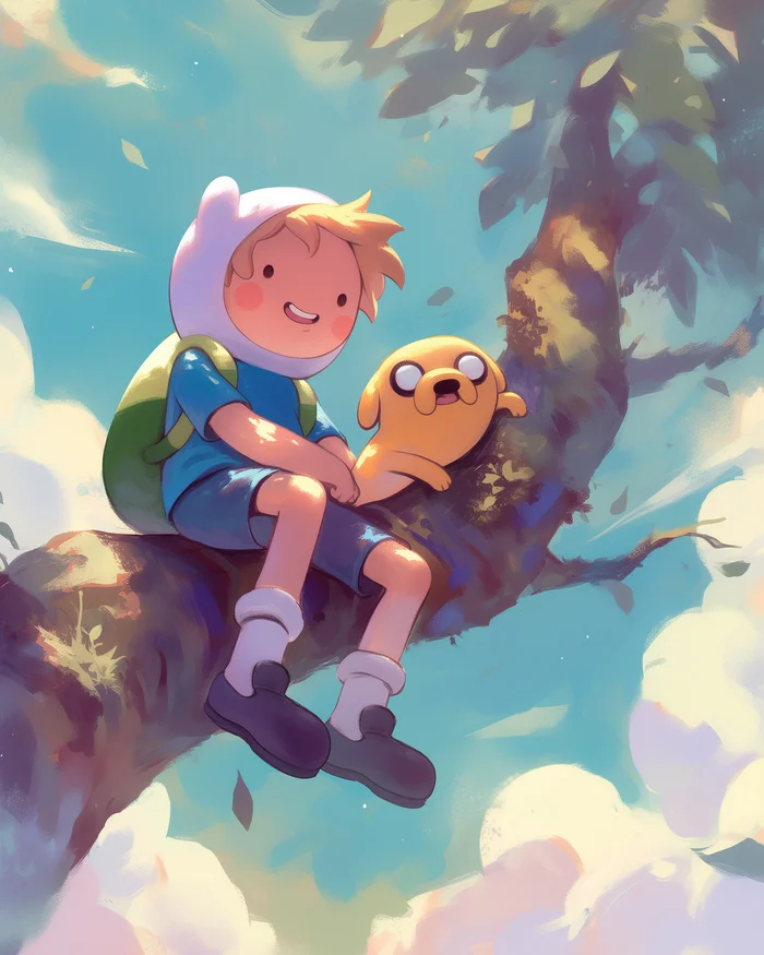 Finn and Jake - My, Neural network art, Midjourney, Pinanoc, Adventure Time, Finn the human, Jake the dog