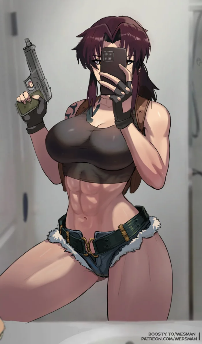 Revy - Аниме, Anime Art, Арт, Девушки, Revy, Black Lagoon, Крепкая девушка, Muscleart, Селфи