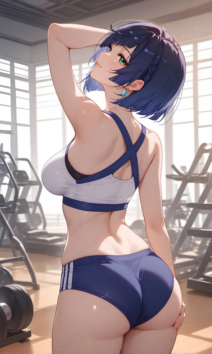 In training - Anime art, Anime, Girls, Games, Genshin impact, Yelan (Genshin Impact), Shorts, Workout, Gym, Neural network art