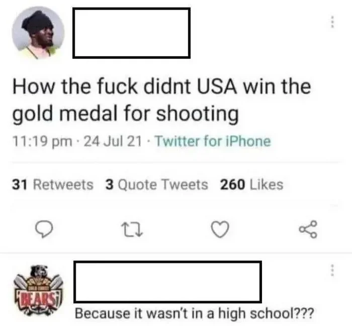 Why didn't the USA win a gold medal in shooting? - Shooting, gold medal, USA, Black humor, Picture with text, Olympic Games, Screenshot, Twitter, Hardened