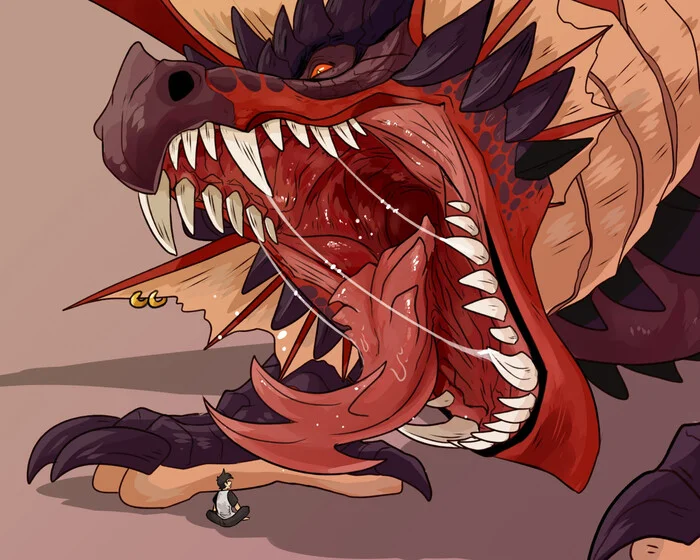 Raylldo meets Nero - Art, The Dragon, Person, Vore, Mawshot, Digital drawing, To fall, Language, Drooling, Dragon's mouth