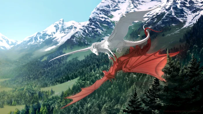 Descent from the mountain slope - Art, The Dragon, Flight, The mountains, Forest, The descent, Digital drawing