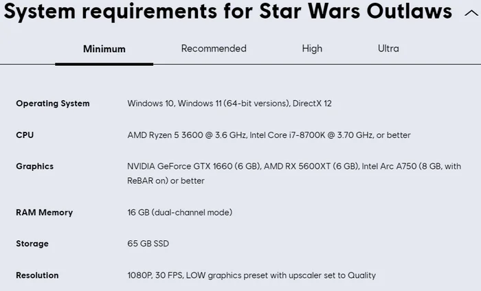 Ubisoft выкатили системные требования Star Wars Outlaws - Видеоигра, Компьютерные игры, Star Wars, Star Wars Outlaws, Оптимизация, Системные требования, Длиннопост