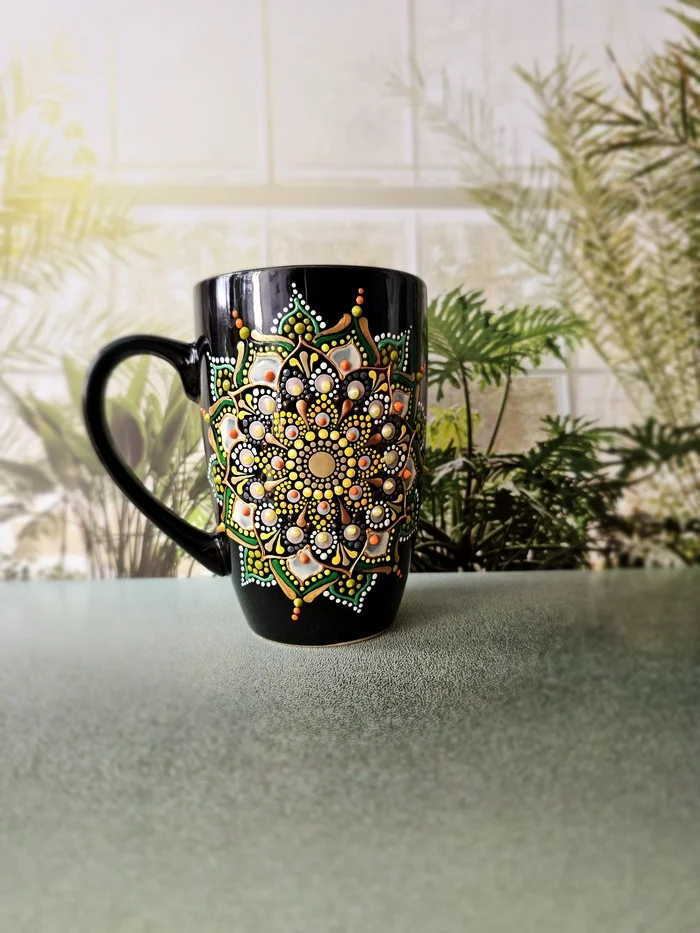 Mug with mandala (dot painting) - My, Dot painting, Painting on glass, Painting, Mandala, Longpost, Needlework without process