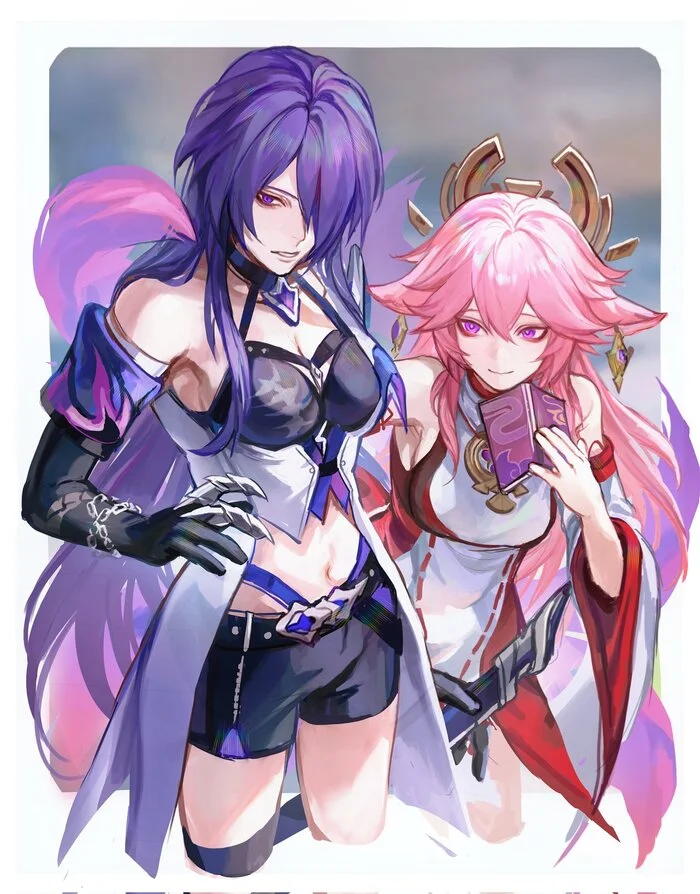 Switched places - Anime, Anime art, Acheron (Honkai: Star Rail), Yae Miko (Genshin Impact), Raiden Shogun (Genshin Impact), Honkai: Star Rail, Genshin impact, Crossover, Longpost, Jiaoqiu (Honkai: Star Rail)