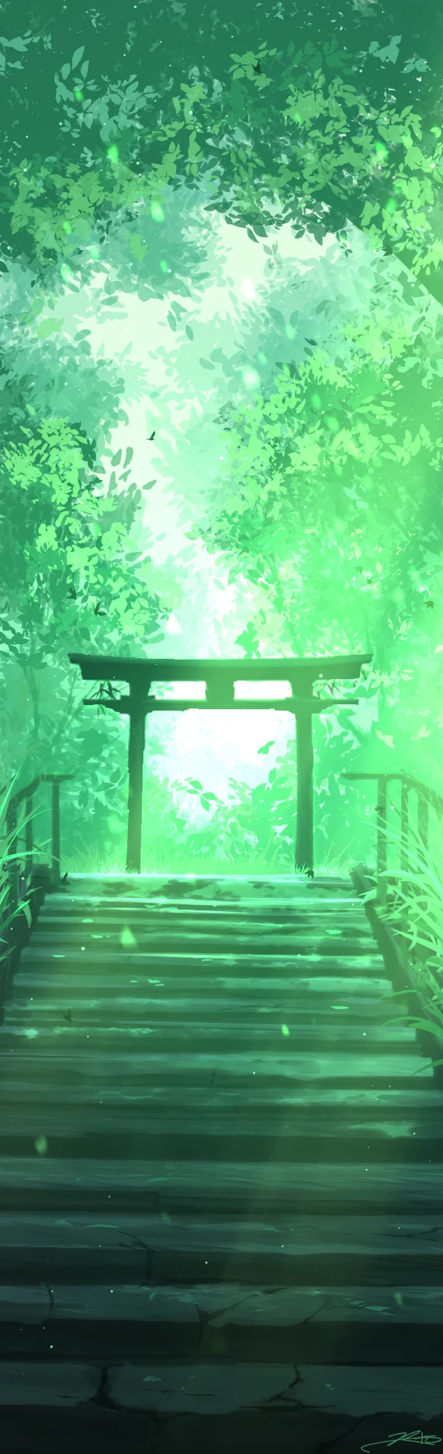 Green way - Art, Illustrations, Landscape, Torii, Stairs, Forest, Longpost