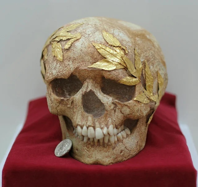 Sportsman's skull with gold wreath and silver coin for Charon - Scull, Artifact, Ancient artifacts, Ancient Rome, Ancient world, Antiquity, Archeology, The Roman Empire, Historical photo, Sport