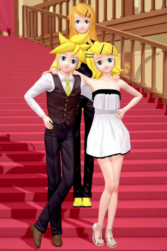 The Kagamine Twins with their mother - My, Render, Koikatsu, Anime, Anime art, Vocaloid, Kagamine Rin & Len, Vocaloid Art