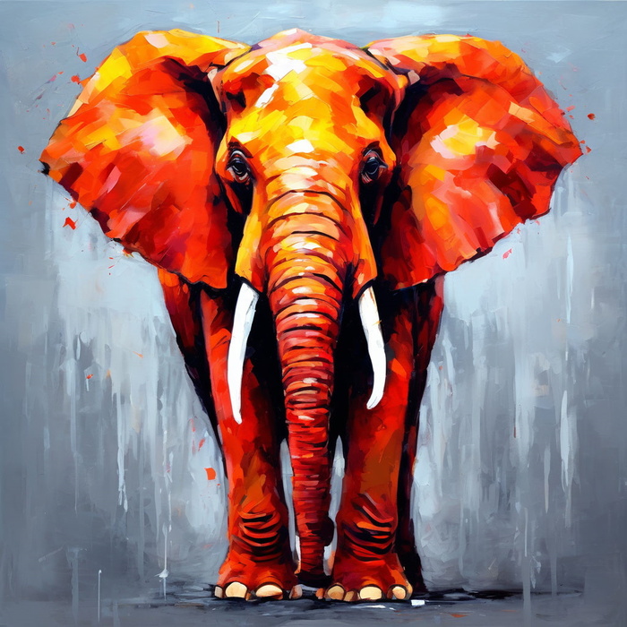 Пример генерации от Шедеврум по запросу "Красно-оранжевый слон на сером фоне. Вид спереди. Картина маслом на холсте, выполненная мастихином"