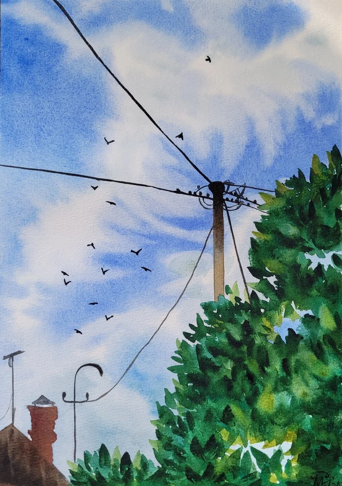 The sky is beautiful - My, Drawing, Watercolor, Wet watercolor, Watercolor paper, Sky, Artist, Beginner artist, Village, Longpost