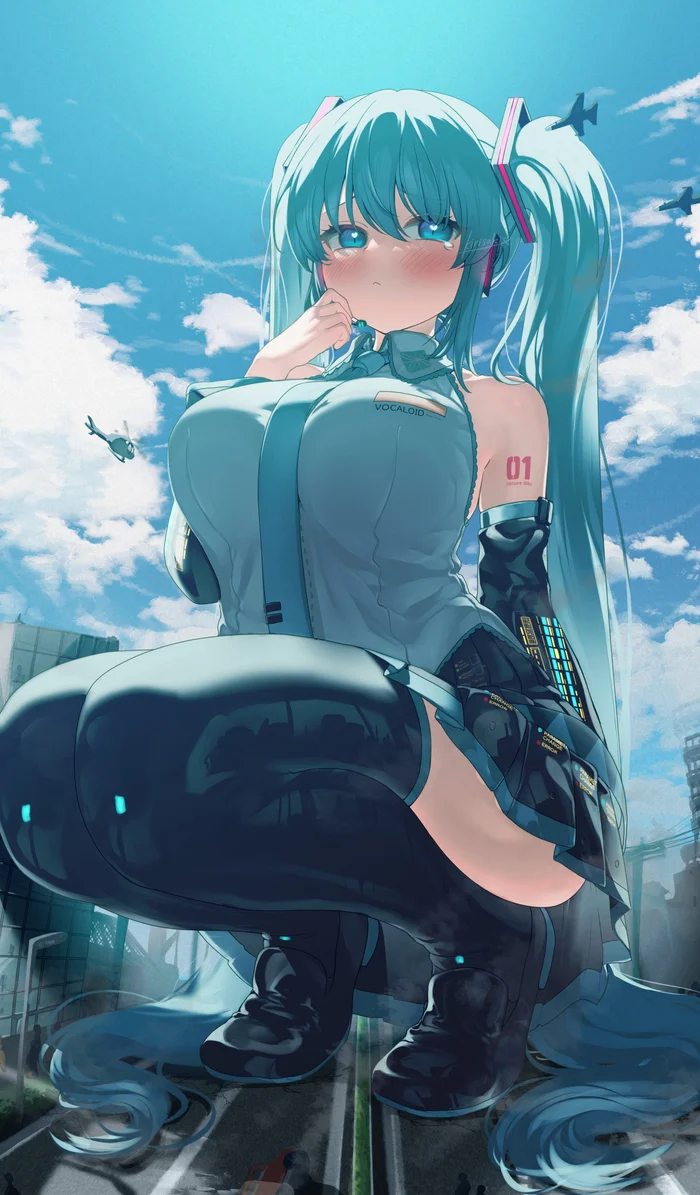 Мику - Hatsune Miku, Vocaloid, Giantess, Anime Art, Чулки