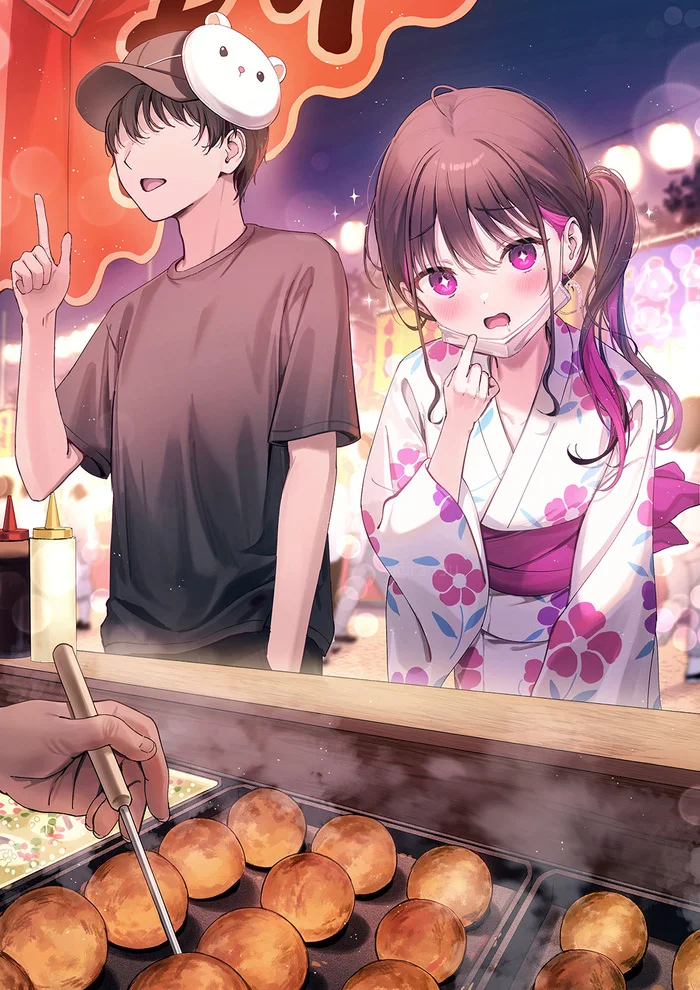 Oh, takoyaki! Looks delicious... - Anime, Anime art, Original character, Pair, Takoyaki, Yukata