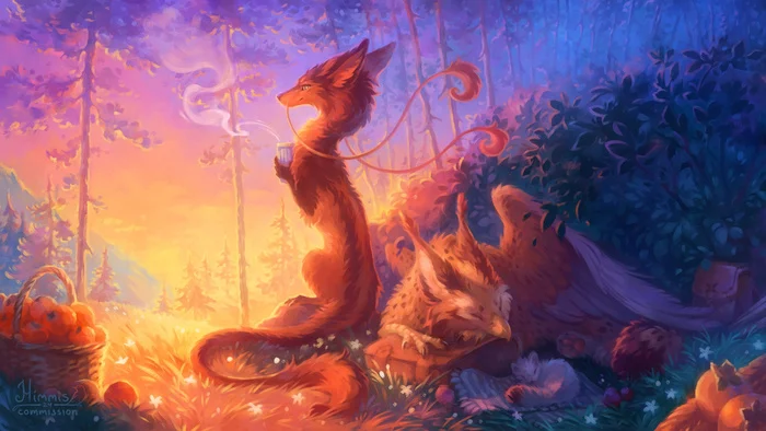 Dawn - Furry feral, The Dragon, Griffin, Ermine, Morning, Forest, Drawing with a process, Art, Furry, Video, VKontakte (link)