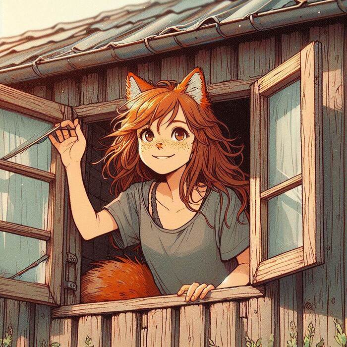 Attic archeology - My, Neural network art, Art, Anime art, Girls, Нейронные сети, Anime, Original character, Kitsune, Animal ears, Tail, Redheads, Freckles, Attic, Old things, Summer, Ginger & White, Longpost