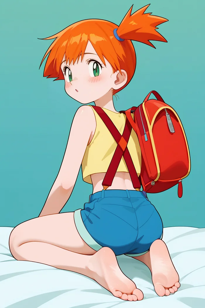 Don't embarrass Misty - My, Anime, Anime art, Girls, Art, Pokemon, Misty, Barefoot, Redheads, Bed, Shorts, Green eyes, Embarrassment, Neural network art, Characters (edit), Game art