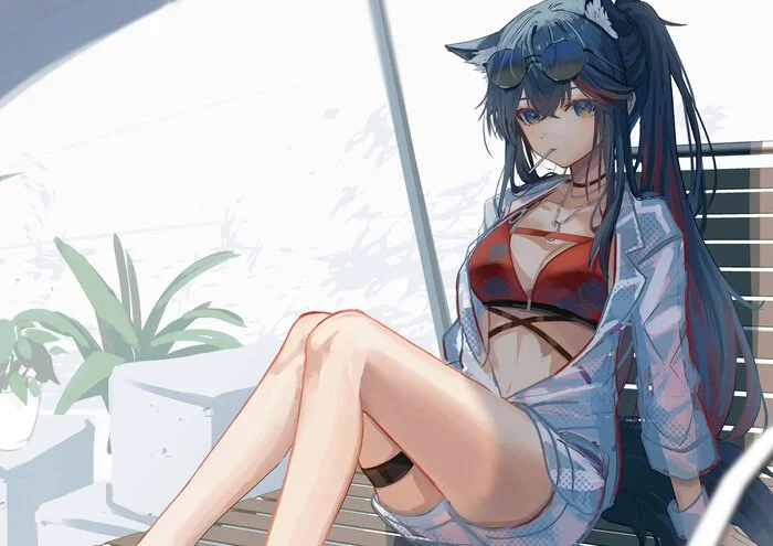 Texan - Anime art, Anime, Texas (Arknights), Arknights, Animal ears, Glasses, Swimsuit, Beach, Deck chair