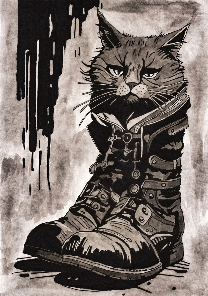 Puss in Boots - Drawing, Art, Puss in Boots, Monochrome, By hand, Story, Characters (edit)