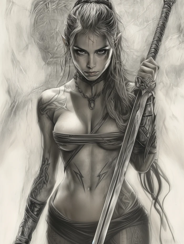 Barbara Drow - My, Neural network art, Midjourney, Pinanoc, Girls, Barbarian, Barbarian, Barbara, Elves, Dark Elf, Drow, Dungeons & dragons