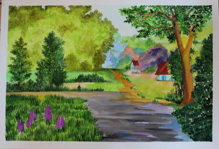 Village - My, Landscape, Nature, Watercolor, Traditional art, Village, Painting