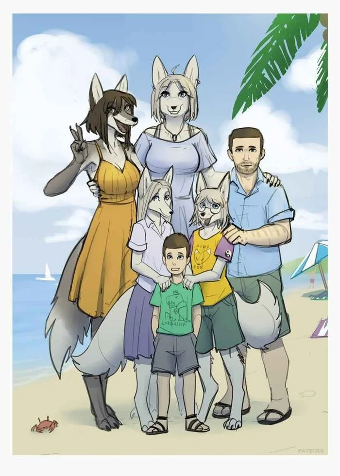 People and furries - Furry, Art, Fox, Milota, Peace, Family photo, Furry art