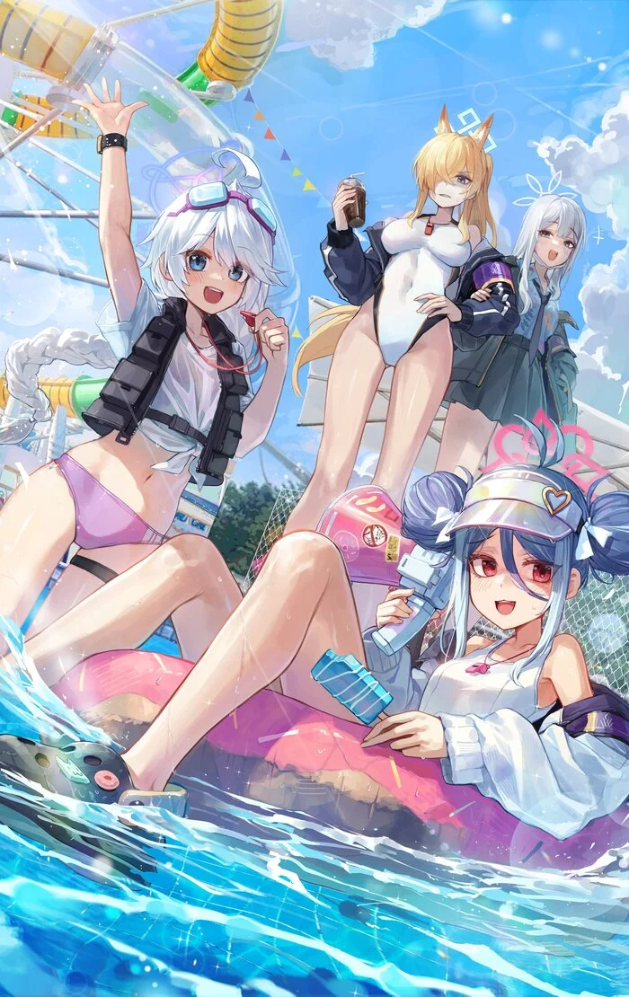 Maintaining law and order at the water park - Anime art, Anime, Girls, Games, Blue archive, Ogata Kanna, Nemugaki Fubuki, Nakatsukasa Kirino, Swimsuit, Swimming pool, Animal ears, Kokukyukeo, Bikini