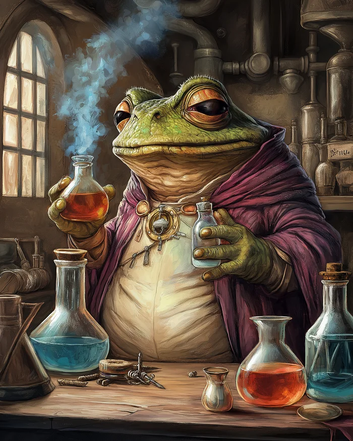 Grung Alchemist wishes all his dudes a great environment! - My, Neural network art, Midjourney, Pinanoc, Dungeons & dragons, It Is Wednesday My Dudes