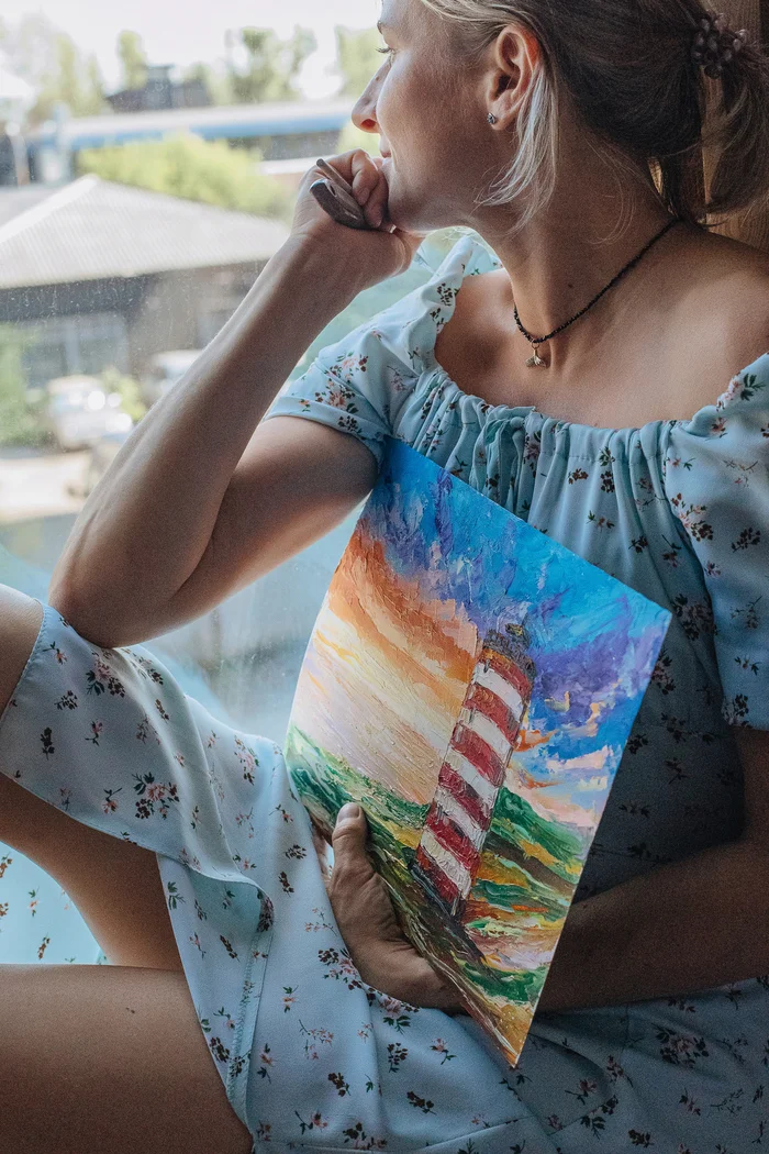 Lighthouse Day - My, Lighthouse, Painting, Oil painting, Girls, Sea, Holidays, Longpost