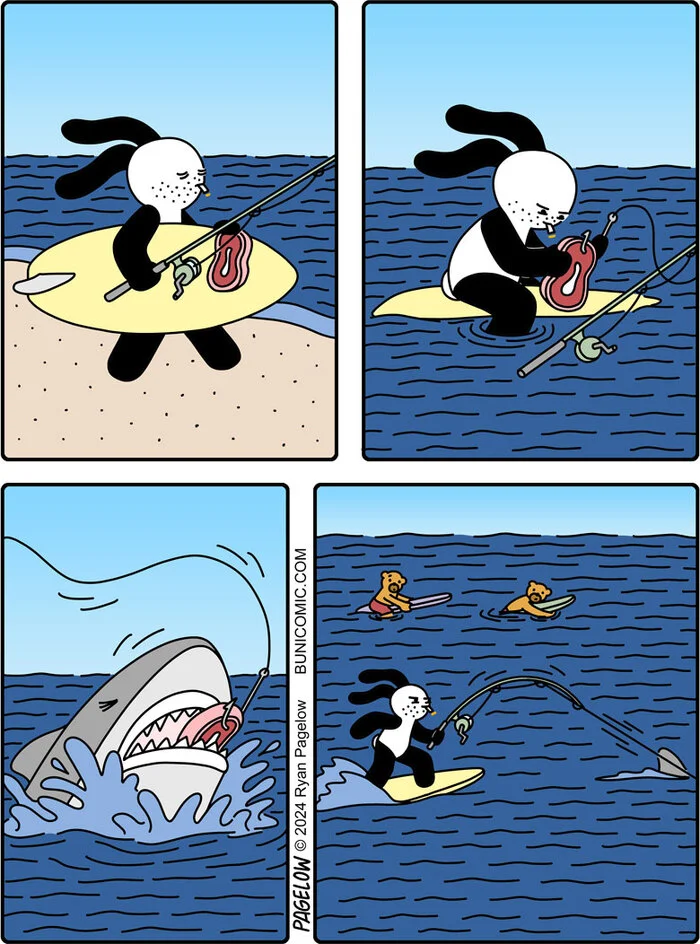 With the wind - Comics, Shark, Surfing, Fishing, Fishing rod, Buni, Pagelow, A fish, Relaxation