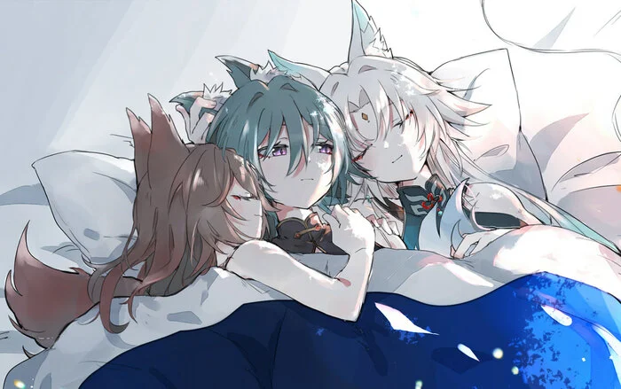 Feixiao, Tingyun and Yukong - Anime, Anime art, Honkai: Star Rail, Feixiao (Honkai: Star Rail), Tingyun (Honkai: Star Rail), Yukong (Honkai: Star Rail), Bed, Tail, Animal ears, Pillow, Girls