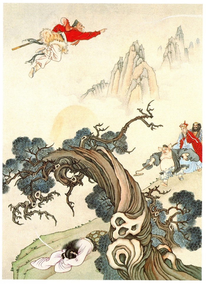 Вовремя возвратившийся Сунь Укун убивает первое тело демона.