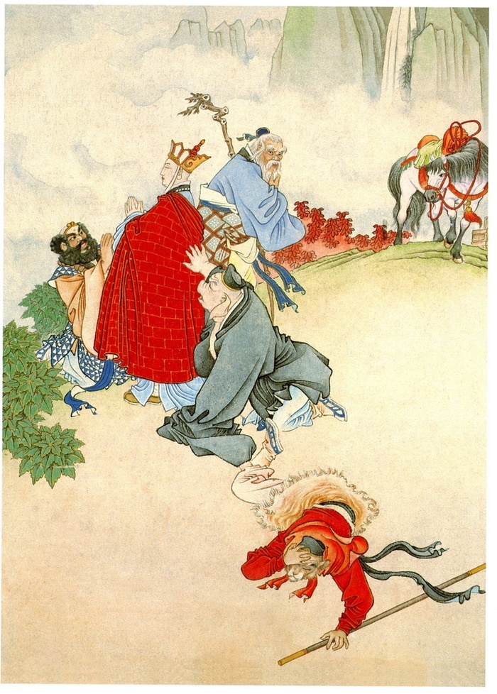 Белая кость в третьем воплощении умудряется задурить Сюаньцзану голову, и тот использует заклинание сжатия обруча против Укуна.