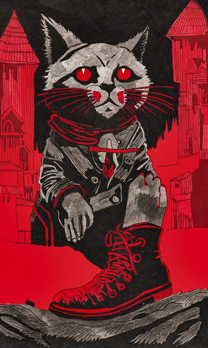 Cat and Someone's Leg (Ink marker) - Mascara, Drawing, By hand, Art, Red, Story, Characters (edit), My