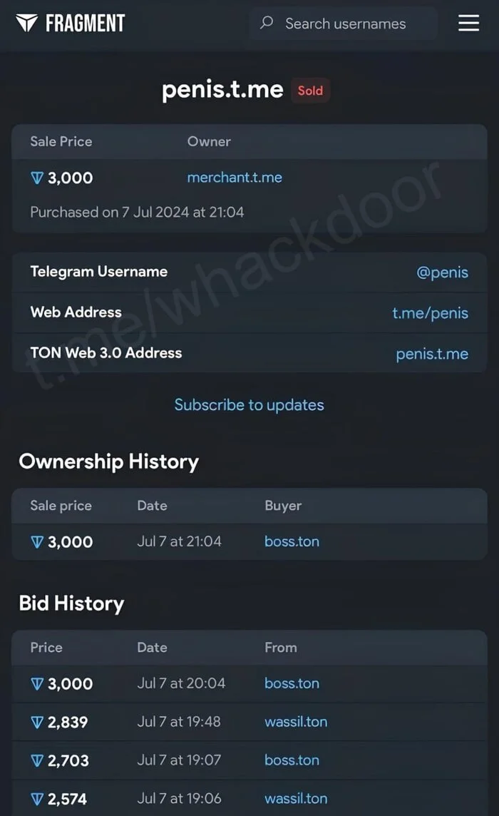 The username @penis for the Cart has found its owner - a lucky person bought it for only 3000 TON. A reasonable investment of money - Telegram, Ton