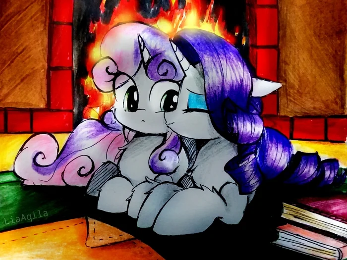 Кобылки целуются - My Little Pony, Арт, Liaaqila, Rarity, Sweetie Belle