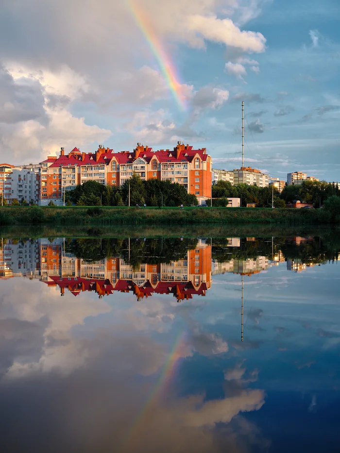 Rainbow Bridge - My, The photo, Evening, Sky, Rainbow, Reflection, Obninsk, Pond