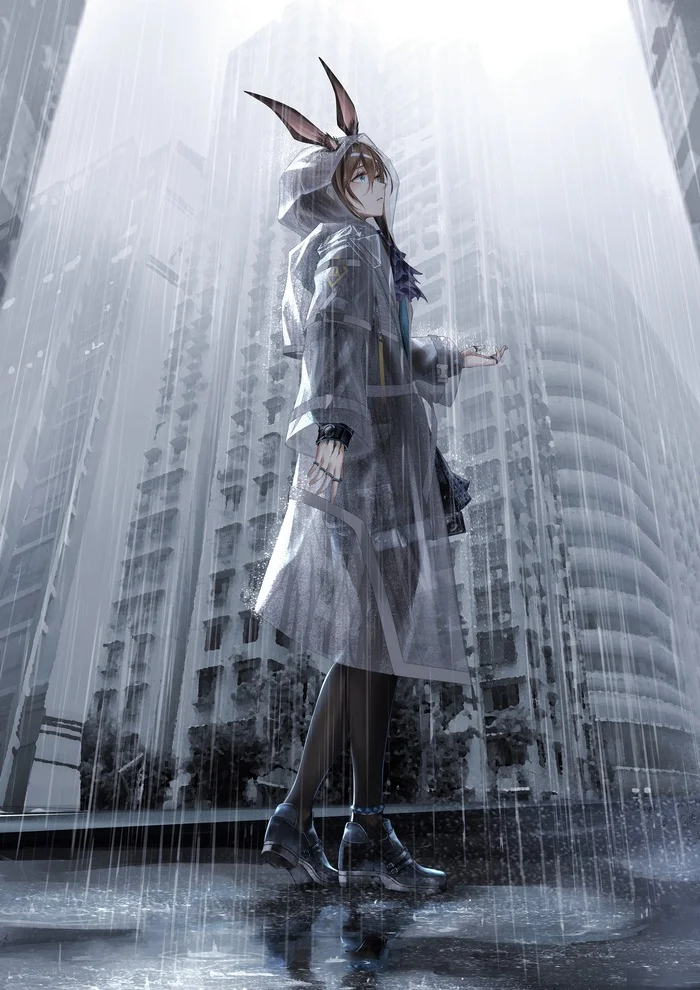 Amiya - Anime art, Anime, Amiya, Arknights, Z 05 (artist), Animal ears, Rain