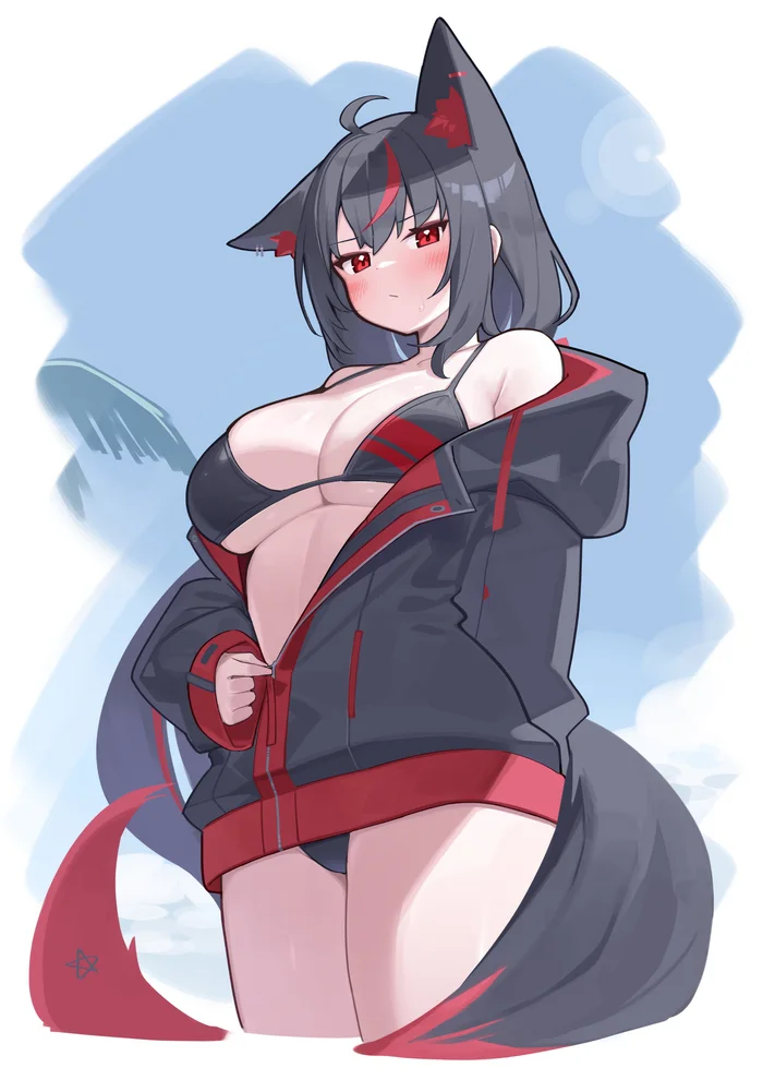 Kurokami Fubuki - Anime art, Anime, Virtual youtuber, Hololive, Kurokami Fubuki, Swimsuit, Animal ears, Tail, Deaver