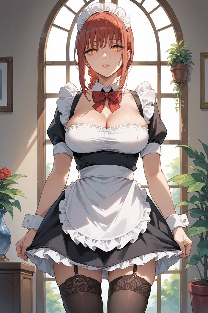 The most obedient maids) - Anime, Anime art, Makima, Power (Chainsaw Man), Chainsaw man, Housemaid, Stockings, Neural network art, Longpost