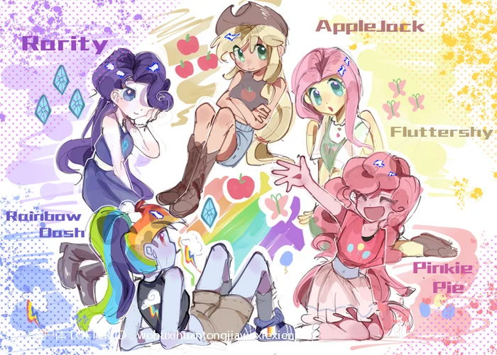 Five People - My little pony, Art, Humanization, Applejack, Rarity, Fluttershy, Pinkie pie, Rainbow dash