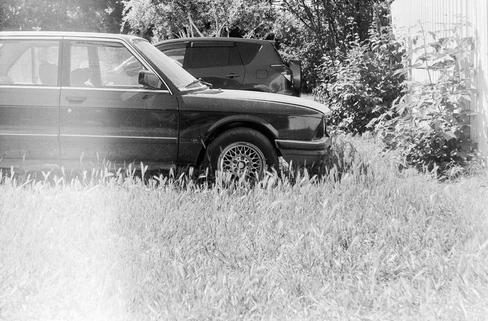 Grass near the house - My, The photo, Black and white photo, Photographer, Film, The film did not die, Black and White Film, Car, Bmw, Grass