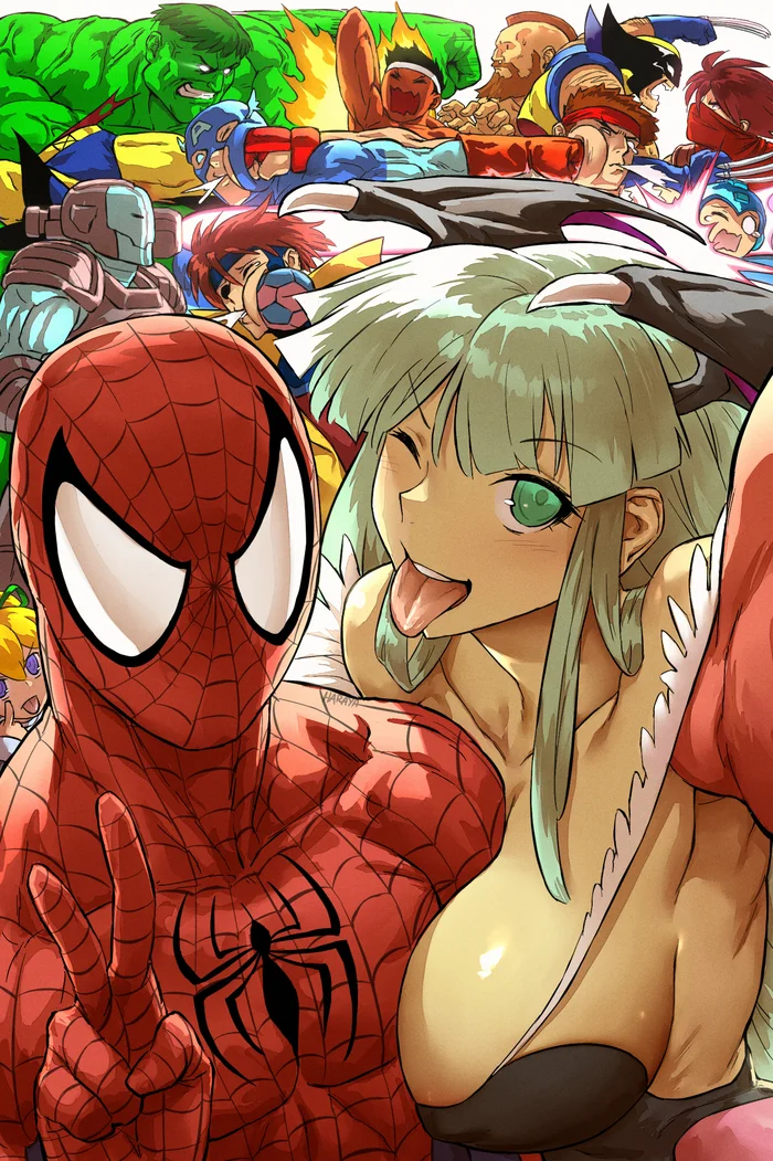 Spider found himself a new girlfriend - Haraya, Art, Anime, Anime art, Crossover, Capcom, Marvel, Spiderman, Morrigan Aensland, Helltaker, Longpost